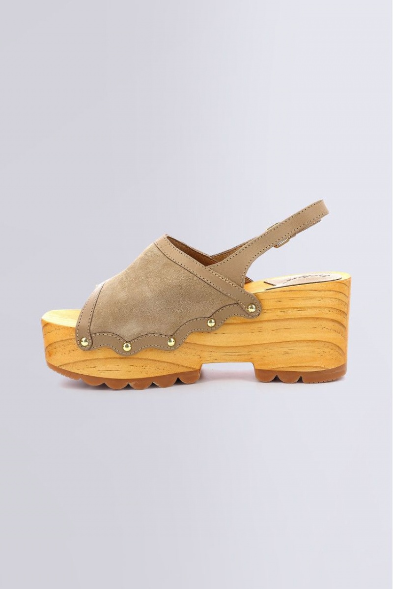 Dámské Sandály Kickers Kick Klínku Wood Light Sandal Læder Béžový | 01593-DPCY