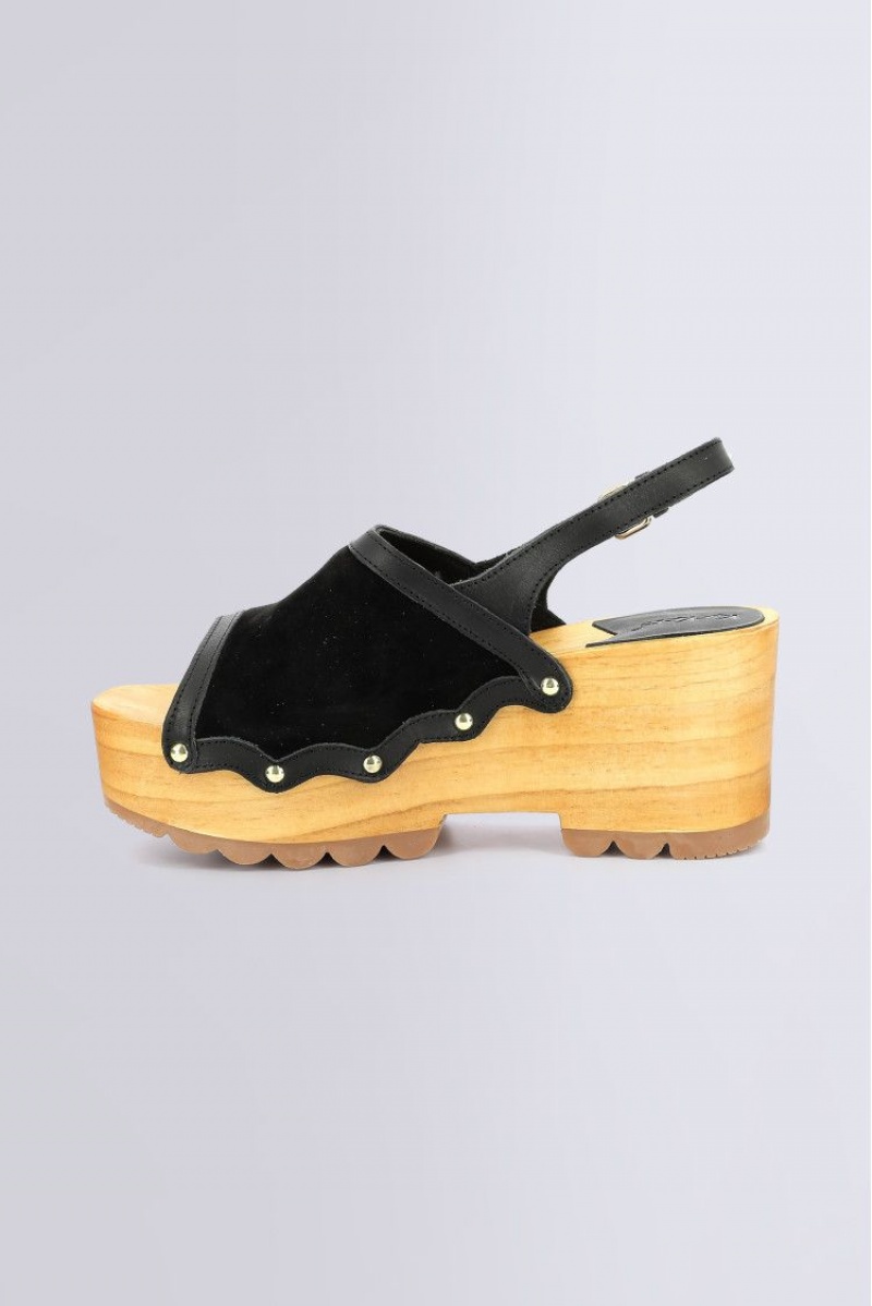 Dámské Sandály Kickers Kick Klínku Wood Sandal Læder Černé | 32795-AMQN